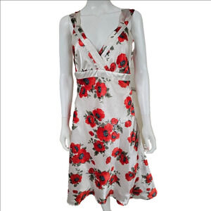 Romy Faux Satin Floral Print Thick Sleeveless V-Neck Midi Dress Size L